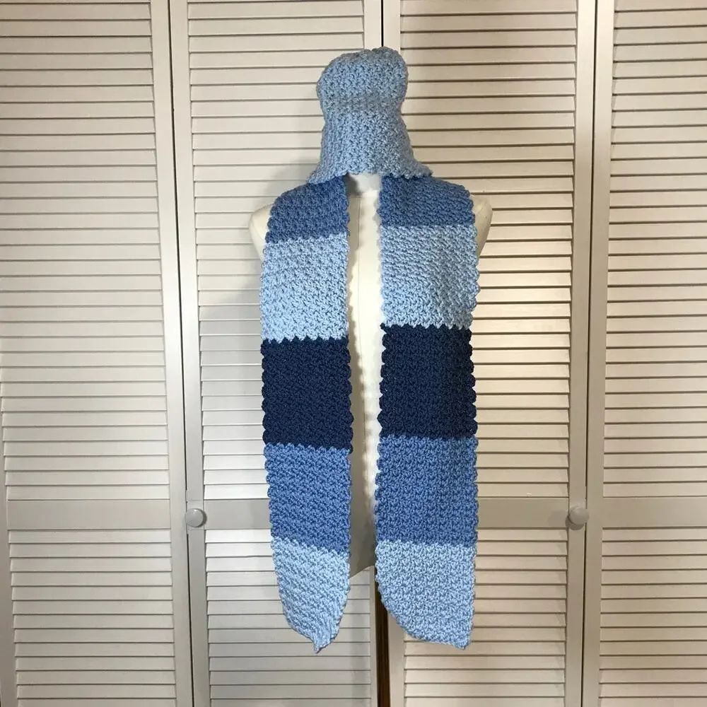 NWT Handmade Crochet Textured Winter Shade of Blue Scarf 64” & Beanie